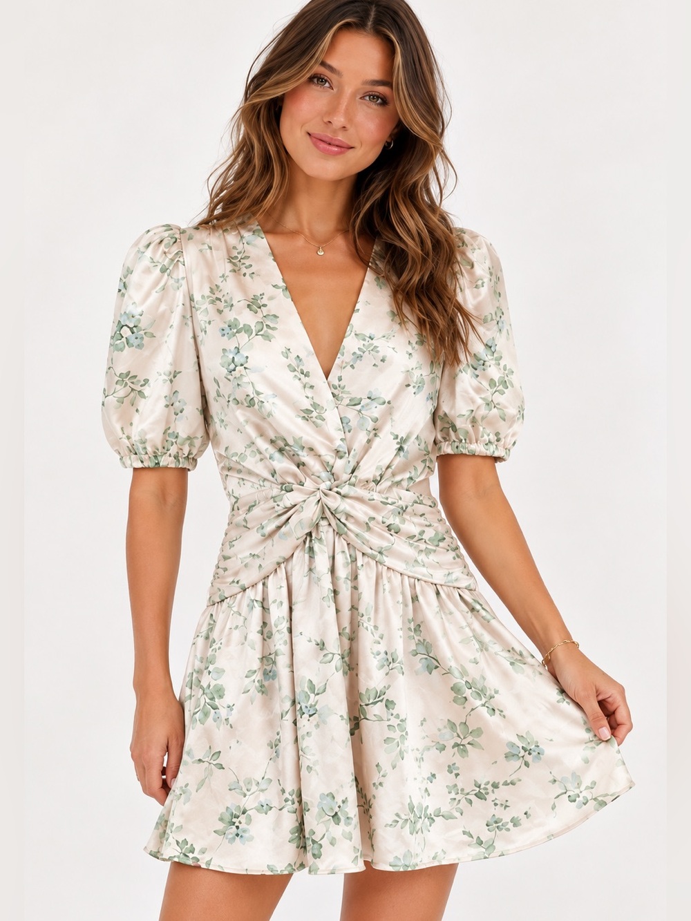 MISA Los Angeles Floral Twist Front Mini Dress XS Puff Sleeve Ruched Waist - Picture 1 of 10